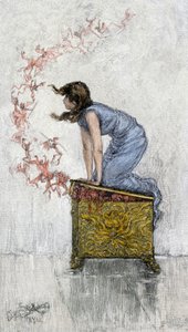 Mythen en legendes: Pandora te nieuwsgierig opent de doos ondanks het verbod en bevrijdt minder demonen uit de doos die alle kwalen van de mensheid bevat. Kleurgravure uit de 19e eeuw.