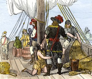 Inheemse bevolking van Amerika: Indianen. Pocahontas gevangen aan boord van een schip uit Jamestown. Kleurgravure uit de 19e eeuw. door Unbekannter Künstler