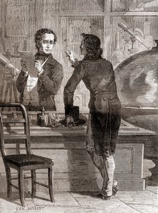 Nicéphore Niépce, terwijl hij nog onbekend en arm was, in de optische en instrumentenwinkel van Charles Chevalier, uit Les Merveilles de la Science, gepubliceerd ca. 1870 (gravure) door Unbekannt