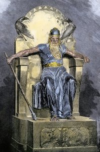 Noordse mythologie: voorstelling van de godheid Wotan (Odin). Kleurengraving uit de 19e eeuw. door Unbekannter Künstler