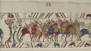 Normandische soldaten verlaten Hastings om te vechten met Harold, Bayeux Tapestry (wol borduurwerk op linnen) door Unbekannt