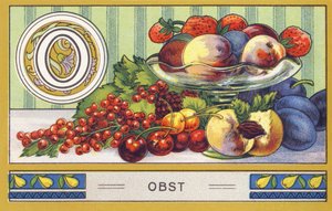 O: Fruit - Alphabet Palmin. Serie chromolithografieën uitgegeven door H. Schlinck & Cie, Hamburg. Reclame voor Palmin fijnste kokosvet. Afmetingen: 7 x 11 cm door William M. Timlin