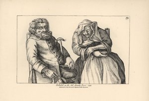 Oude Darby met lege bierpul en Joan met haar tabakspijp. Gravure naar een satirische illustratie van Timothy Bobbin (John Collier) uit Human Passions Delineated, John Haywood, Manchester
