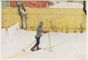 Een van de kinderen van de Zweedse illustrator Carl Larsson (1853-1919) leert skiën. Tekening uit 
