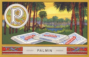 P: Palmin - Alphabet Palmin. Serie chromolithografieën uitgegeven door H. Schlinck & Cie, Hamburg. Reclame voor Palmin fijnste kokosvet. Afmetingen: 7 x 11 cm door William M. Timlin