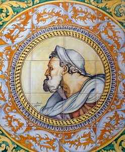 Beschilderd maiolica-paneel met het hoofd van een oude man in de stijl van Michelangelo, gemaakt door Ceramiche Desuir, Santo Stefano di Camastra, Sicilië, Italië, (detail)