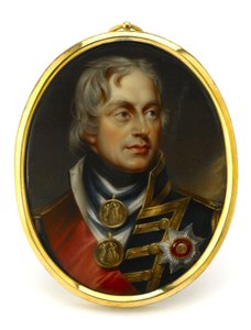 Geschilderde miniatuur, die vice-admiraal Horatio Nelson voorstelt. Gemonteerd op een koperen en emaille hanger, begin 19e eeuw, portret van Henry Pierce Bone door Unbekannter Künstler