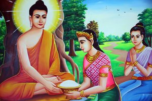 Schilderij dat Boeddha ontvangt offers afbeeldt. Cambodja