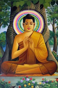 Schilderij dat een zittende Boeddha afbeeldt in Wat Than Phnom Penh Cambodja