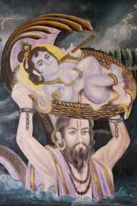 Schilderij in Gokul: Krishna als baby gedragen over de Yamuna-rivier door Vasudeva, India door Unbekannt