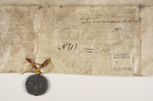 Pauselijke bul die het charter van bisschop Henry Wardlaw bevestigt, verso door Unbekannt