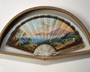 Papieren waaiermodel met een gouache schilderij dat de bestemmingen van de Grand Tour voorstelt, meestal een praktische reis door kunstenaars en intellectuelen van de 18e en 19e eeuw in de mediterrane landen tijdens hun jeugd voor hun opleiding en verrijki door Unbekannt