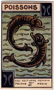 Paranormaal. Astrologie. Vissen (de Vis). Astrologische kaart uit: Le Tarot Astrologique, door Georges Muchery, Frankrijk