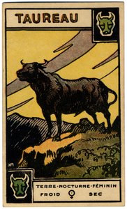 Paranormaal. Astrologie. Stier (de Stier). Astrologische kaart uit: Le Tarot Astrologique, door Georges Muchery, Frankrijk door Unbekannter Künstler