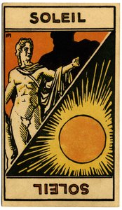 Paranormaal. Astrologie. De Zon (ster). Astrologische kaart uit: Le Tarot Astrologique, door Georges Muchery, Frankrijk