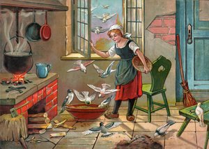 Boerenmeisje met duiven. (Illustratie rond 1920)