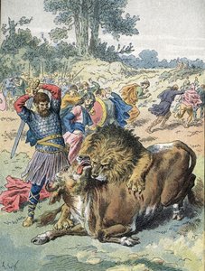 Pepijn de Korte vecht tegen een leeuw en een stier op het Champ de Mars om zijn moed te bewijzen (751)