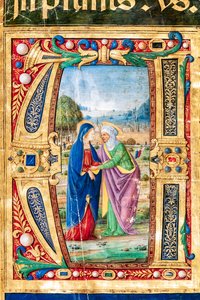 Piccolomini Bibliotheek: koorboek, cod. 14.P., ff. 2r met "de Visitatie van Maria en St. Elizabeth, door Giovanni di Giuliano Boccardi, bekend als Boccardino de Oudere. (detail)