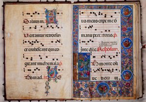 Piccolomini Bibliotheek: koorboek, cod. 8-H, ff. 1v-2r met 
