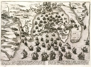 Plan van de haven van Cadiz in 1596 ten tijde van de aanval door Sir Walter Raleigh door Unbekannter Künstler