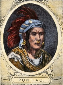 Portret van Pontiac (of Obwandiyag, ca. 1714-1769), hoofd van de Indianenstam van de Outaouais Indianen van Detroit (Ottawa Natie). Kleurgravure uit de 19e eeuw. door Unbekannter Künstler