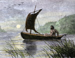 Prehistorische navigatie, roeiboot met dierenhuidzeil