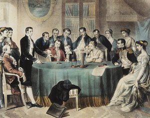 Presentatie in 1801 van de experimenten met de elektrische batterij aan de Eerste Consul Napoleon Bonaparte door Volta (gravure) door Unbekannter Künstler