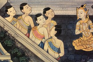 Prins Rama. Muurschildering detail op de binnenmuren van de Vihara uit het tijdperk van koning Rama III die de Ramakian uitbeeldt. Wat Pho - Wat Phra Chettuphon. 1788. Bangkok, Thailand door Unbekannt