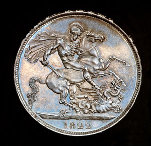Zeldzame Britse munt, Koning George IV, proef zilveren kroon, patroonheilige van Engeland te paard met zwaard op het punt om de draak te doden, stempels door Benedetto Pistrucci