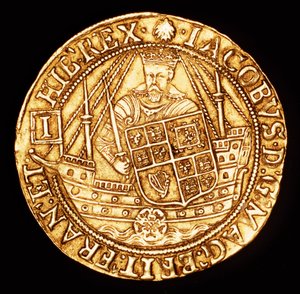 Zeldzame munt, Engeland gouden Spur Ryal, Koning James I op schip met schild