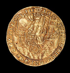 Zeldzame Engelse munt, gouden Ryal, Koningin Mary (Bloody Mary) in schip met zwaard en schild