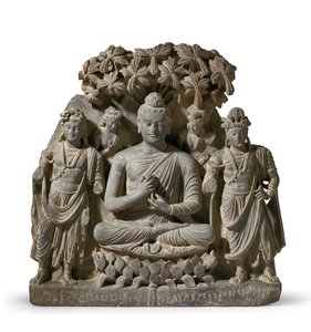 Relief Triade van Boeddha Shakyamuni met Bodhisattva