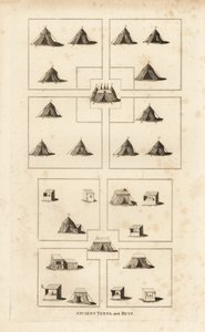 Koninklijk kampement, tijdperk van koning Hendrik VIII, met de koninklijke vertrekken, marktplein, hutten van winkeliers, slagers, enz.