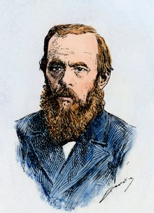 Russische romanschrijver Fjodor Dostojevski (1821-1881). Handgekleurde houtsnede van een 19e-eeuwse illustratie