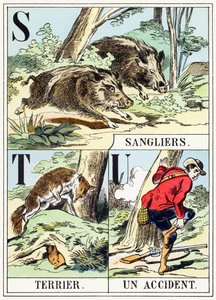S T U: Everzwijn, Terrier, Een ongeluk - Het Jachtalfabet, ca. 1890 (gravure) door Unbekannt