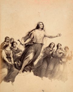 Sint Lucia, met fakkel in de hand, vliegt door het firmament van het Empyreum, omringd door jongeren. Illustratie van Canto XXXII in Paradiso van De Goddelijke Komedie van Dante Alighieri. Werk van Francesco Scaramuzza opgedragen aan de gemeente Florence