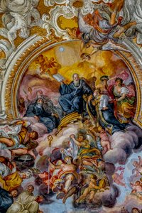 San Benedetto (St Benedictus) kerk, Catania, Sicilië (Italië). Plafondfresco detail (18e eeuw). St Benedictus. door Unbekannt