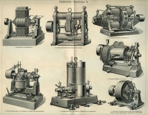 Wetenschaps- en technologieplaat die Duitse elektrische machines voorstelt. Illustratie uit 