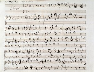 Bladmuziekpagina voor Händels Fuga uit een manuscript met twee werken, door Domenico Scarlatti en Friedrich Handel door Unbekannter Künstler