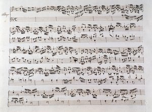 Bladmuziekpagina voor Händels Fuga uit een manuscript met twee werken door Domenico Scarlatti en Friedrich Handel door Unbekannter Künstler