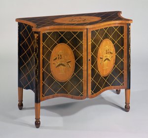 Sheraton harewood en marqueterie serpentine commode, c.1790