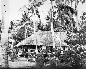 Singapore: Een privébungalow omgeven door palmbomen. Singapore, ca. 1875