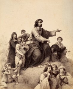 St. Johannes de Evangelist met uitgestrekte armen wordt omringd door jeugd en engelen; aan zijn voeten heeft een adelaar het Evangelie in zijn klauwen; een jongeling, rechts van de heilige, houdt het boek van de Apocalyps (Het Boek Openbaring). Illustratie door Unbekannter Künstler