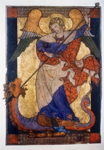 St. Michael Verslaat de Draak - Perkament, ca. 1330, Staatliche Museen Kupferstichkabinett, Berlijn door Unbekannter Künstler