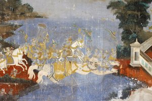 Zilveren Pagode. Deze muurschildering beeldt scènes uit de Reamker uit, de Cambodjaanse of Khmer-versie van het klassieke hindoeïstische gedicht Ramayana, Phnom Penh, Cambodja