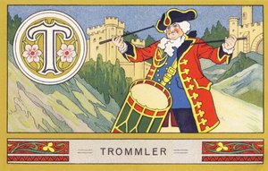 T: Trommelaar - Alphabet Palmin. Serie chromolithografieën uitgegeven door H. Schlinck & Cie, Hamburg. Reclame voor Palmin fijnste kokosvet. Afmetingen: 7 x 11 cm door William M. Timlin