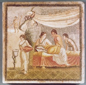 Het Centocelle Mozaïek met een liggende vrouw bediend door dienaren, kopie van een Grieks origineel door Unbekannt
