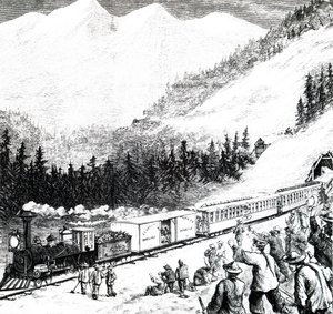 De Pacific Railroad in de Sierra Nevada bergen door Unbekannt