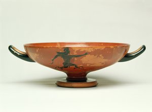 De achtervolging van Perseus, Attische zwart-figuur kylix gemaakt door de Pepaks Meester, 525-520 v.Chr.
