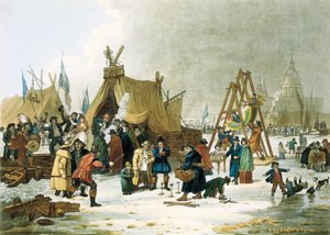 De Theems bevroren tijdens de winter van 1813-1814, voor de sloop van de oude London Bridge in 1831, de Theems bevroor tijdens zeer koude winters, en Londenaren maakten van de gelegenheid gebruik om speelplaatsen voor kinderen op te zetten, geïmproviseerde
